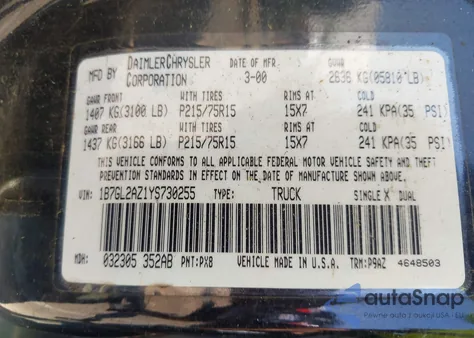 2000 Dodge Dakota Slt/Sport from USA, damaged, VIN 1B7GL2AZ1YS730255